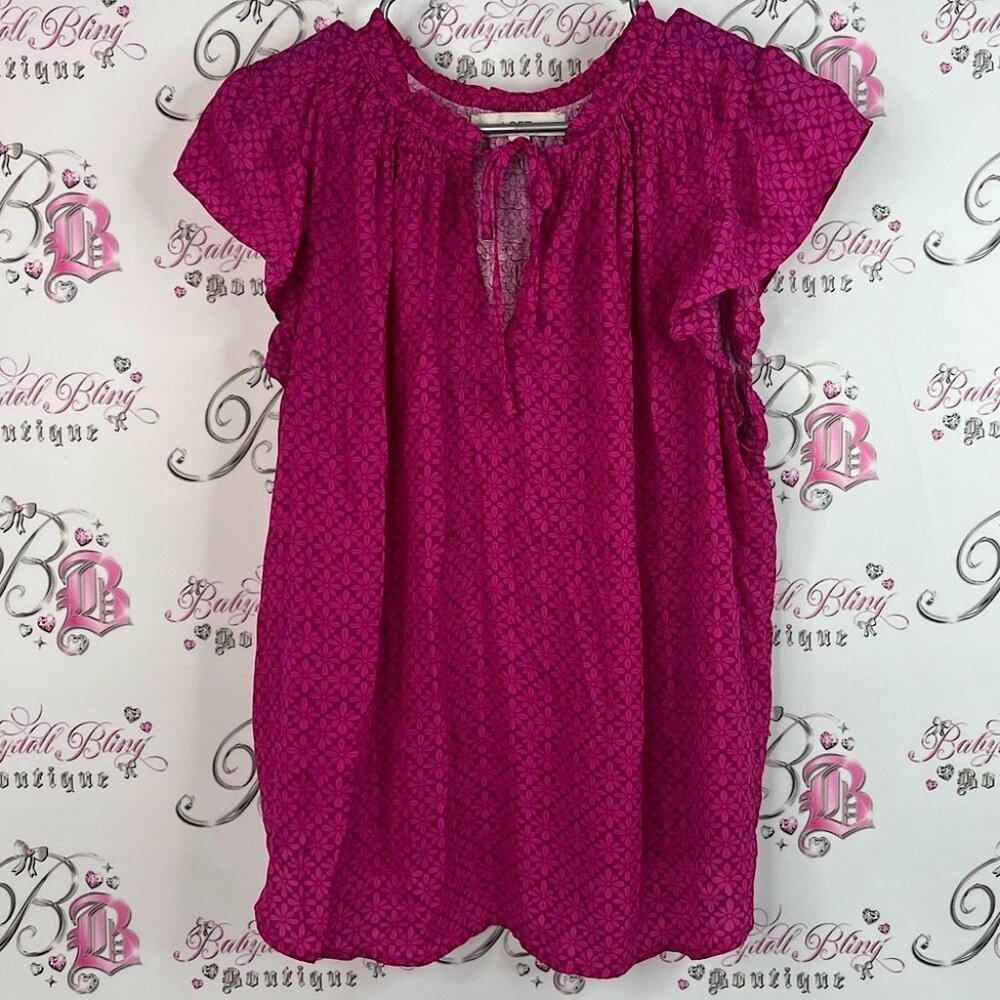 LOFT top shirt floral flowers tie up ribbon Magenta Blouse with Keyhole Tie